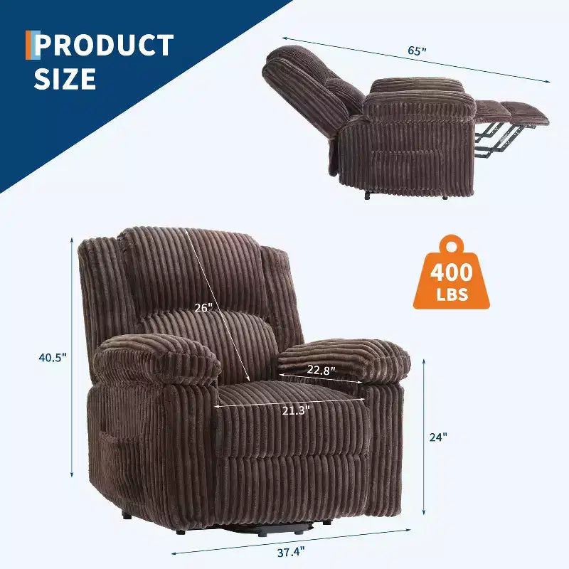 Manual Recliner Sofa, Corduroy Recliner Chair, Adjustable Recliner, Pillow Top Arms, Thick Padding, 400LBS Capacity, for Bedroom, Home Theater
