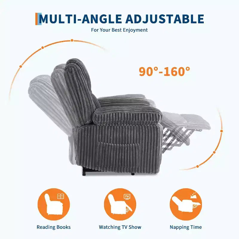 Manual Recliner Sofa, Corduroy Recliner Chair, Adjustable Recliner, Pillow Top Arms, Thick Padding, 400LBS Capacity, for Bedroom, Home Theater