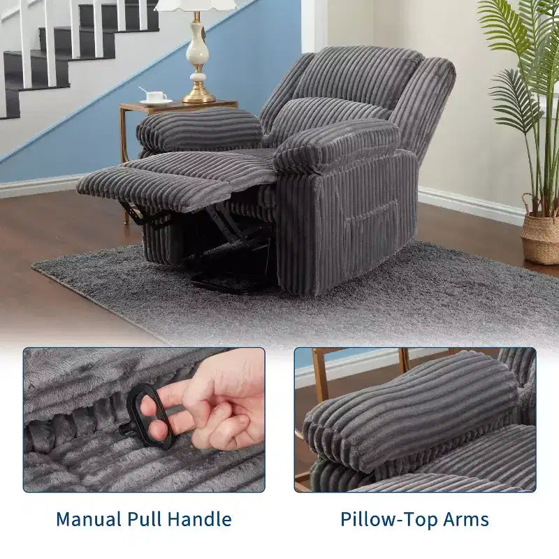Manual Recliner Sofa, Corduroy Recliner Chair, Adjustable Recliner, Pillow Top Arms, Thick Padding, 400LBS Capacity, for Bedroom, Home Theater