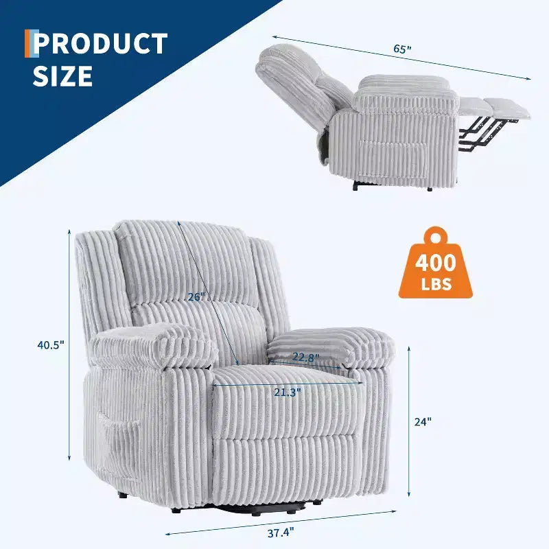 Manual Recliner Sofa, Corduroy Recliner Chair, Adjustable Recliner, Pillow Top Arms, Thick Padding, 400LBS Capacity, for Bedroom, Home Theater