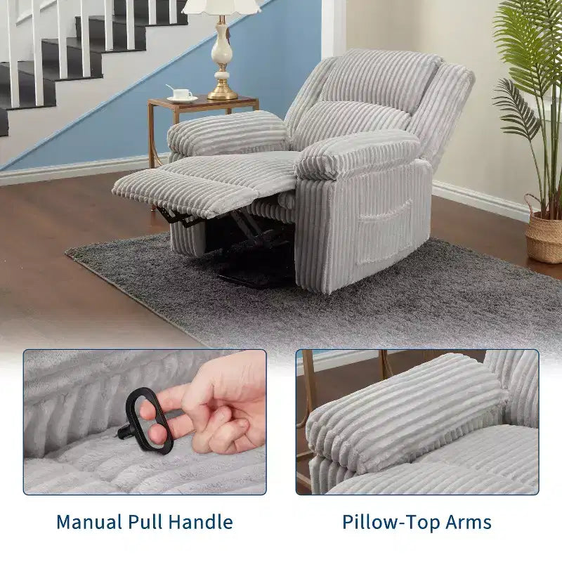 Manual Recliner Sofa, Corduroy Recliner Chair, Adjustable Recliner, Pillow Top Arms, Thick Padding, 400LBS Capacity, for Bedroom, Home Theater