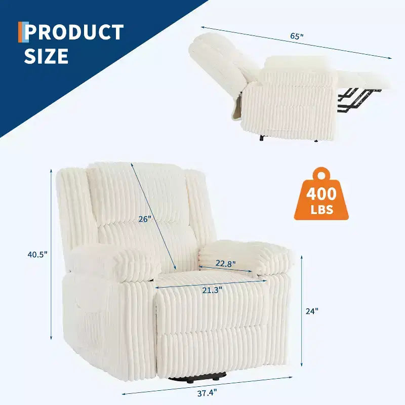 Manual Recliner Sofa, Corduroy Recliner Chair, Adjustable Recliner, Pillow Top Arms, Thick Padding, 400LBS Capacity, for Bedroom, Home Theater