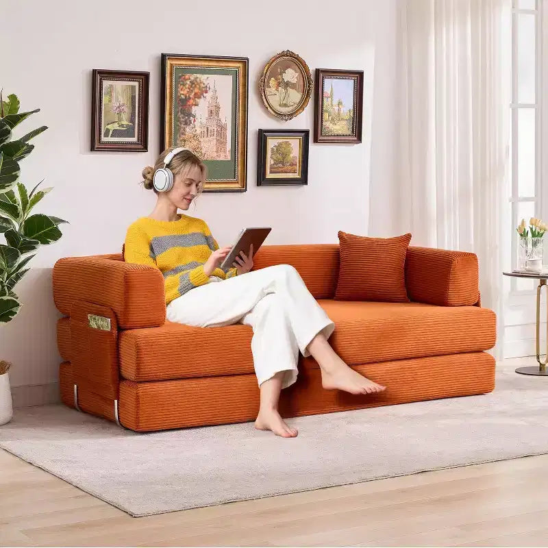 78 Convertible Chaise Lounge Sofa Bed, Corduroy Folding Sleeper Sofa, Oversized Folding Chair, No-Assembly, Modular Couch Bed Lounge Couch