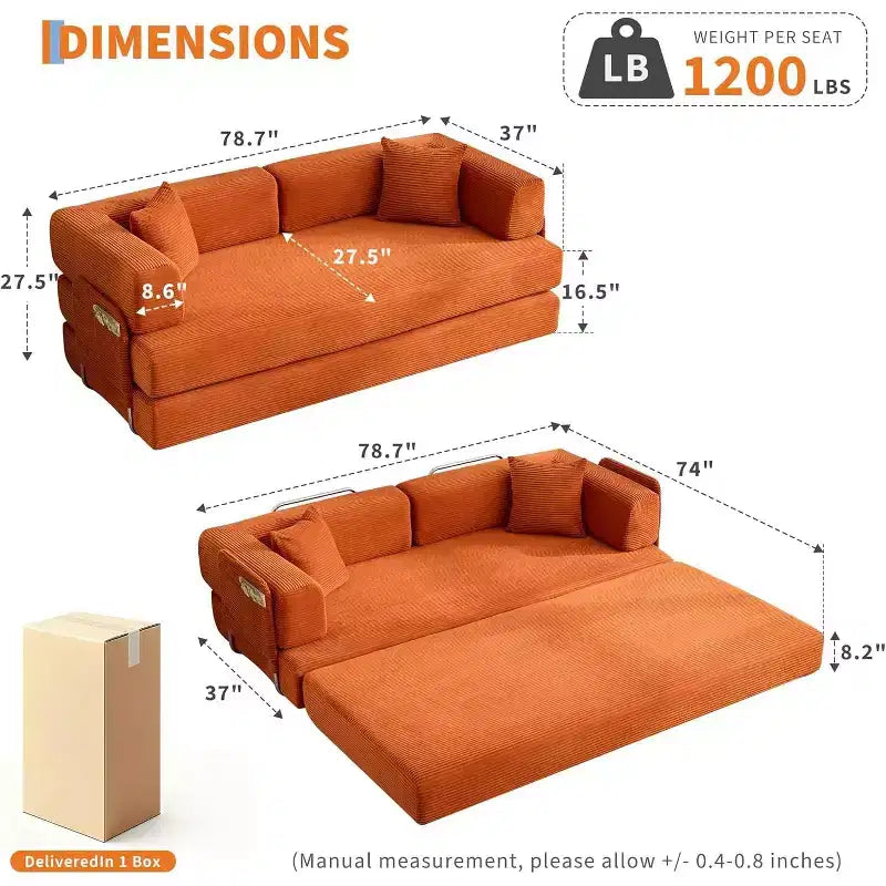 78 Convertible Chaise Lounge Sofa Bed, Corduroy Folding Sleeper Sofa, Oversized Folding Chair, No-Assembly, Modular Couch Bed Lounge Couch