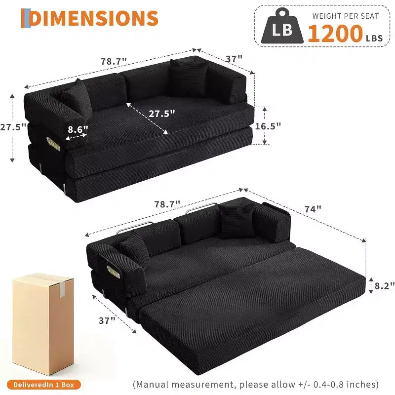 78 Convertible Chaise Lounge Sofa Bed, Corduroy Folding Sleeper Sofa, Oversized Folding Chair, No-Assembly, Modular Couch Bed Lounge Couch