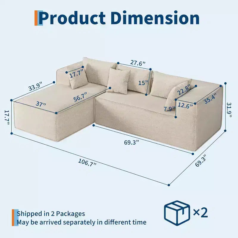 Modular Sectional Couches for Living Room, Modern Polyester Upholstered L Shaped Couch with Pillows, Cloud Upholstered Sofa