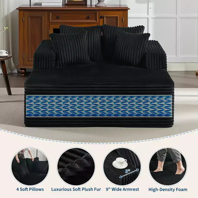 61 Oversized Chaise Lounge Chair Indoor, Corduroy Upholstered Boneless Sofa, 2Person Comfy Cloud Boneless Couch, 4 Pillows & Armrests