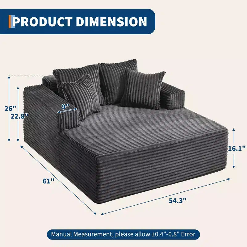 61 Oversized Chaise Lounge Chair Indoor, Corduroy Upholstered Boneless Sofa, 2Person Comfy Cloud Boneless Couch, 4 Pillows & Armrests