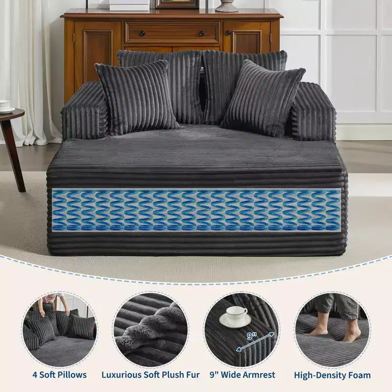 61 Oversized Chaise Lounge Chair Indoor, Corduroy Upholstered Boneless Sofa, 2Person Comfy Cloud Boneless Couch, 4 Pillows & Armrests