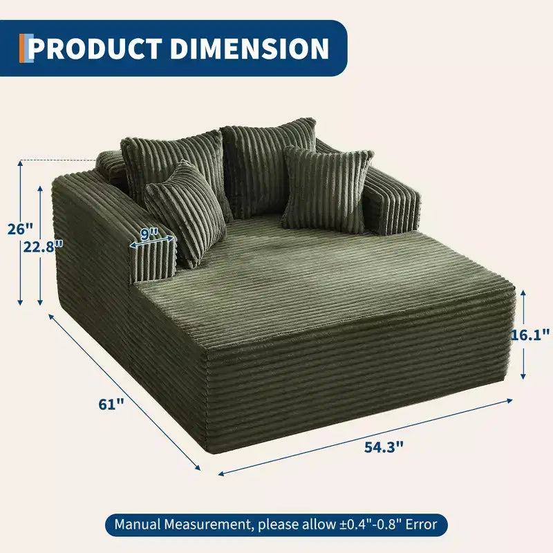 61 Oversized Chaise Lounge Chair Indoor, Corduroy Upholstered Boneless Sofa, 2Person Comfy Cloud Boneless Couch, 4 Pillows & Armrests
