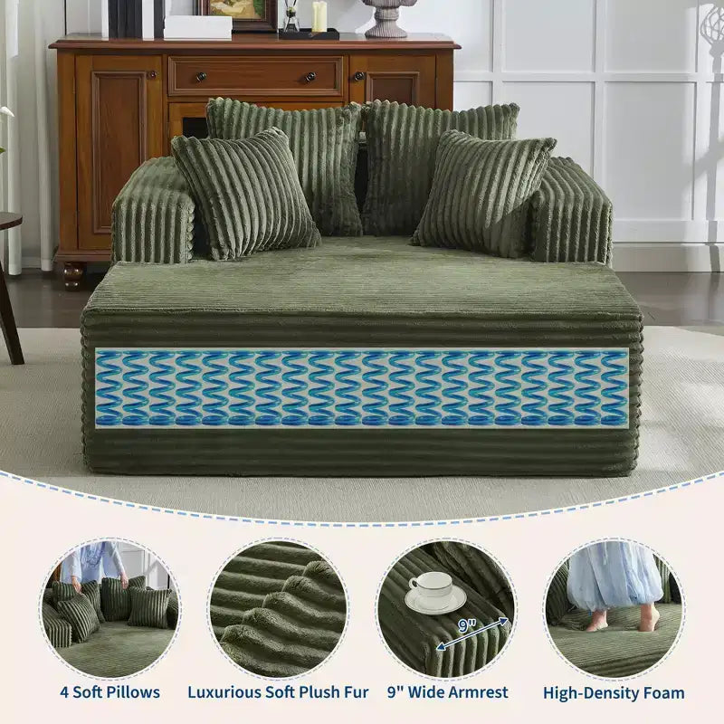 61 Oversized Chaise Lounge Chair Indoor, Corduroy Upholstered Boneless Sofa, 2Person Comfy Cloud Boneless Couch, 4 Pillows & Armrests