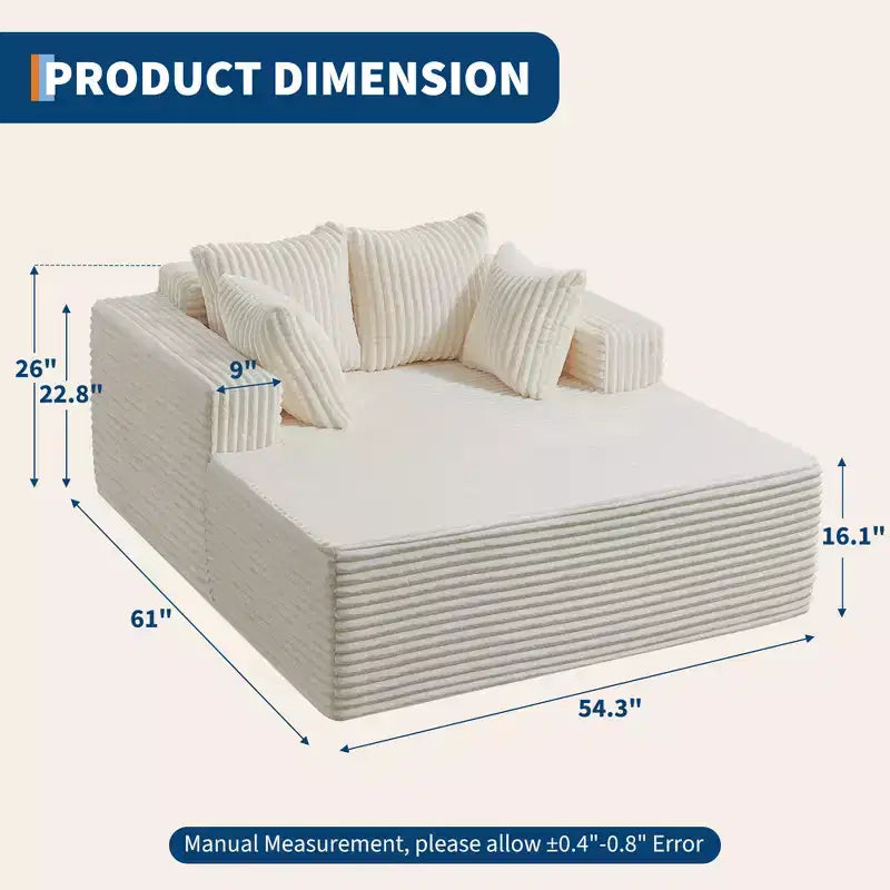 61 Oversized Chaise Lounge Chair Indoor, Corduroy Upholstered Boneless Sofa, 2Person Comfy Cloud Boneless Couch, 4 Pillows & Armrests