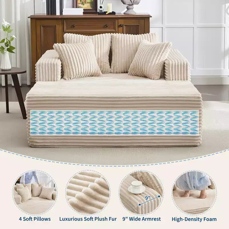 61 Oversized Chaise Lounge Chair Indoor, Corduroy Upholstered Boneless Sofa, 2Person Comfy Cloud Boneless Couch, 4 Pillows & Armrests
