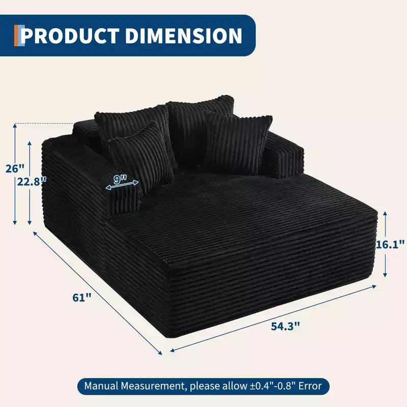 61 Oversized Chaise Lounge Chair Indoor, Corduroy Upholstered Boneless Sofa, 2Person Comfy Cloud Boneless Couch, 4 Pillows & Armrests