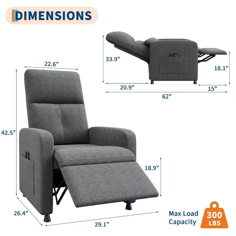 Recliner Chair, Reclining Sofa Adjustable Recliner, Lazy Chair, Ergonomic Overstuffed Tall Back, Padded Seat, 2 Side Pockets, for Living Room