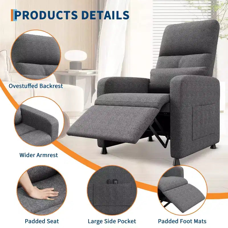 Recliner Chair, Reclining Sofa Adjustable Recliner, Lazy Chair, Ergonomic Overstuffed Tall Back, Padded Seat, 2 Side Pockets, for Living Room