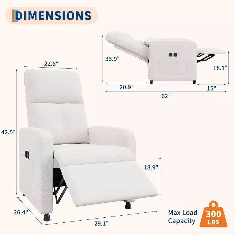 Recliner Chair, Reclining Sofa Adjustable Recliner, Lazy Chair, Ergonomic Overstuffed Tall Back, Padded Seat, 2 Side Pockets, for Living Room