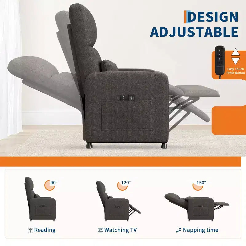 Recliner Chair, Reclining Sofa Adjustable Recliner, Lazy Chair, Ergonomic Overstuffed Tall Back, Padded Seat, 2 Side Pockets, for Living Room