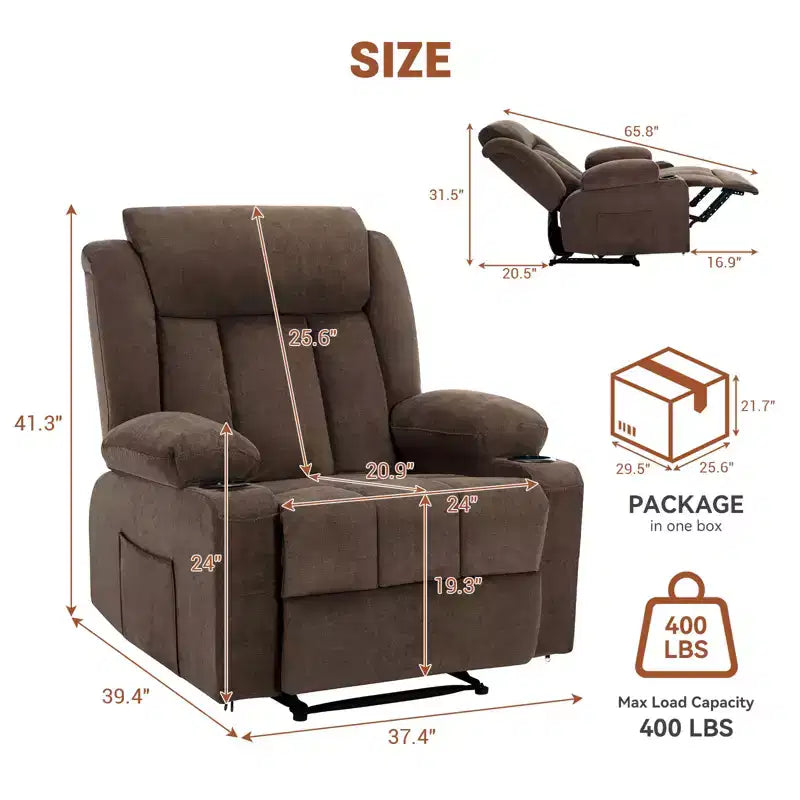 Massage Rocker Recliner Chair, Comfy Overstuffed Rocking Chair with Side Pockets, Front Pockets and Cup Holder, Easy Assembly