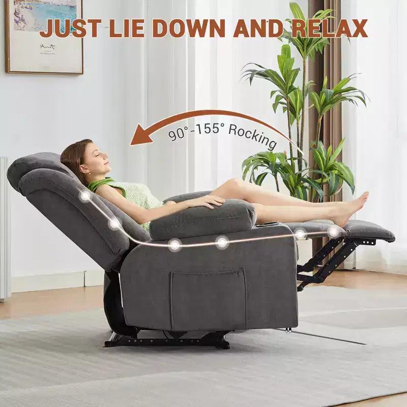 Massage Rocker Recliner Chair, Comfy Overstuffed Rocking Chair with Side Pockets, Front Pockets and Cup Holder, Easy Assembly