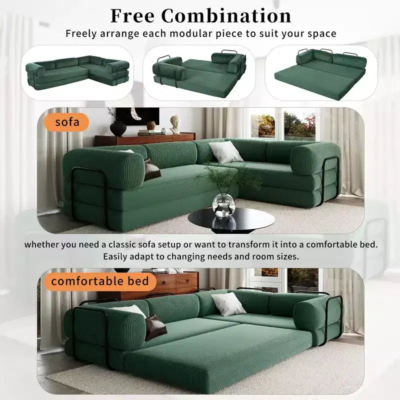 Clihome L-Shaped Corduroy Sofa Bed, Modular Sectional with Reversible Chaise & High-Density Foam for Versatile Living Room