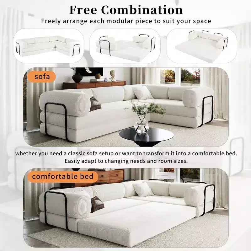 Clihome L-Shaped Corduroy Sofa Bed, Modular Sectional with Reversible Chaise & High-Density Foam for Versatile Living Room