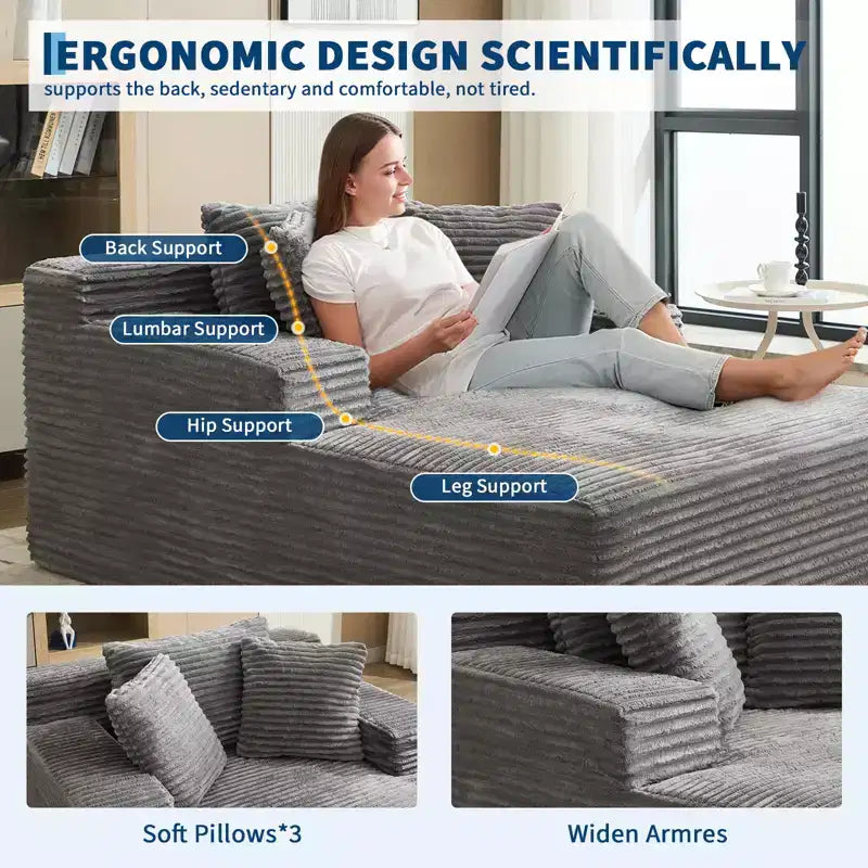 49.2 Oversized Convertible Chaise Lounge Chair Indoor, Corduroy Upholstered Cloud Sofa Couch Cap, No Assembly Required, for Living Room, Bedroom