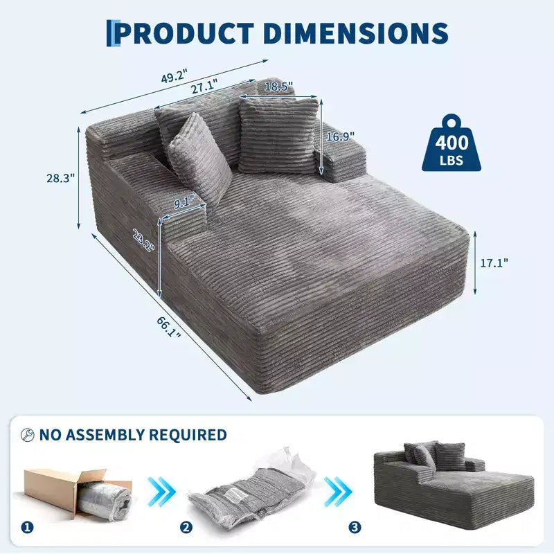 49.2 Oversized Convertible Chaise Lounge Chair Indoor, Corduroy Upholstered Cloud Sofa Couch Cap, No Assembly Required, for Living Room, Bedroom
