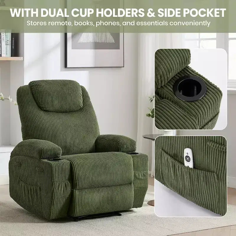 Comfy Corduroy Recliner Chair, Adjustable Design, 2 Side Pockets & Tool-Free Setup, 360 Swivel Rocking Recliner Chair, for Living Room, Bedroom