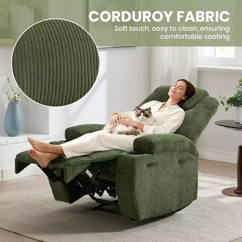 Comfy Corduroy Recliner Chair, Adjustable Design, 2 Side Pockets & Tool-Free Setup, 360 Swivel Rocking Recliner Chair, for Living Room, Bedroom