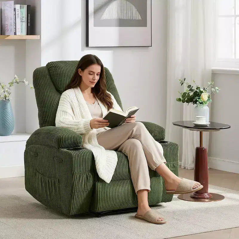 Comfy Corduroy Recliner Chair, Adjustable Design, 2 Side Pockets & Tool-Free Setup, 360 Swivel Rocking Recliner Chair, for Living Room, Bedroom