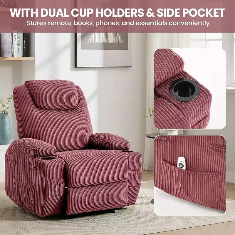 Comfy Corduroy Recliner Chair, Adjustable Design, 2 Side Pockets & Tool-Free Setup, 360 Swivel Rocking Recliner Chair, for Living Room, Bedroom