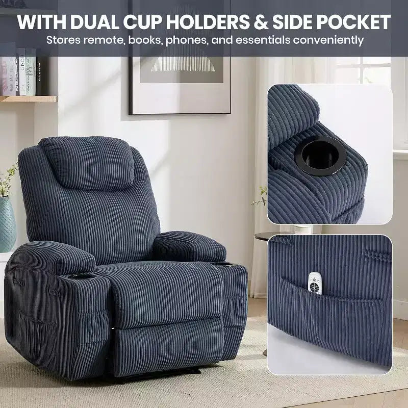 Comfy Corduroy Recliner Chair, Adjustable Design, 2 Side Pockets & Tool-Free Setup, 360 Swivel Rocking Recliner Chair, for Living Room, Bedroom