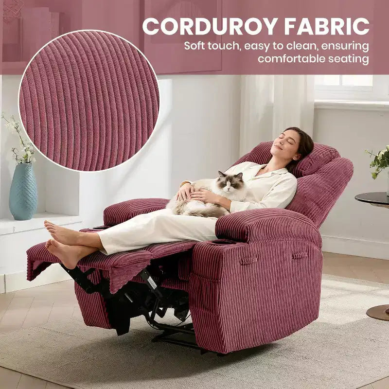 Comfy Corduroy Recliner Chair, Adjustable Design, 2 Side Pockets & Tool-Free Setup, 360 Swivel Rocking Recliner Chair, for Living Room, Bedroom