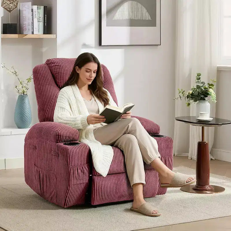 Comfy Corduroy Recliner Chair, Adjustable Design, 2 Side Pockets & Tool-Free Setup, 360 Swivel Rocking Recliner Chair, for Living Room, Bedroom