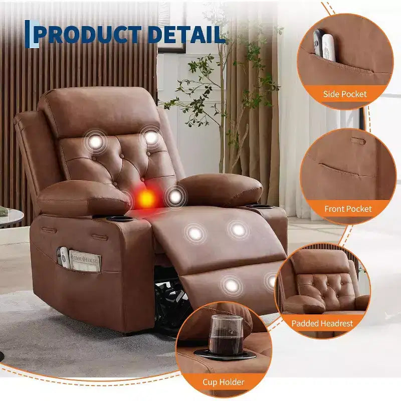 Comfy Corduroy Recliner Chair, Oversized PU Leather Lift Recliner, Adjustable Design, Side Pockets, Two Cup Holders, for Living Room, Bedroom