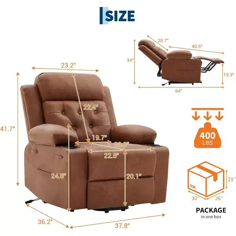 Comfy Corduroy Recliner Chair, Oversized PU Leather Lift Recliner, Adjustable Design, Side Pockets, Two Cup Holders, for Living Room, Bedroom
