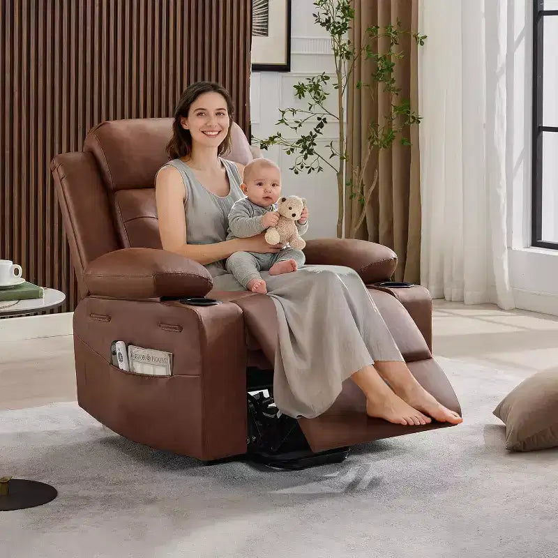 Comfy Corduroy Recliner Chair, Oversized PU Leather Lift Recliner, Adjustable Design, Side Pockets, Two Cup Holders, for Living Room, Bedroom