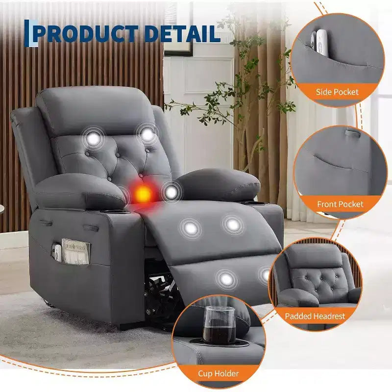 Comfy Corduroy Recliner Chair, Oversized PU Leather Lift Recliner, Adjustable Design, Side Pockets, Two Cup Holders, for Living Room, Bedroom