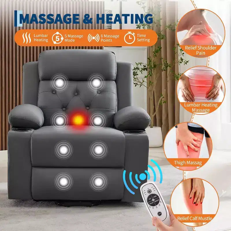 Comfy Corduroy Recliner Chair, Oversized PU Leather Lift Recliner, Adjustable Design, Side Pockets, Two Cup Holders, for Living Room, Bedroom