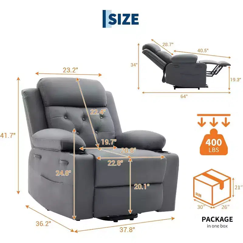 Comfy Corduroy Recliner Chair, Oversized PU Leather Lift Recliner, Adjustable Design, Side Pockets, Two Cup Holders, for Living Room, Bedroom