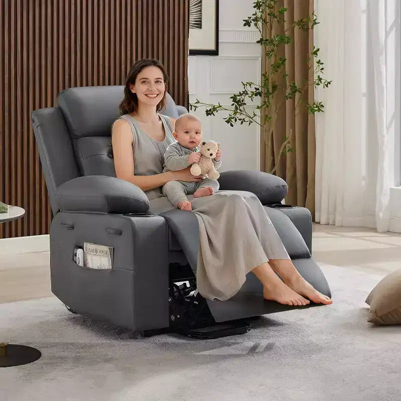 Comfy Corduroy Recliner Chair, Oversized PU Leather Lift Recliner, Adjustable Design, Side Pockets, Two Cup Holders, for Living Room, Bedroom
