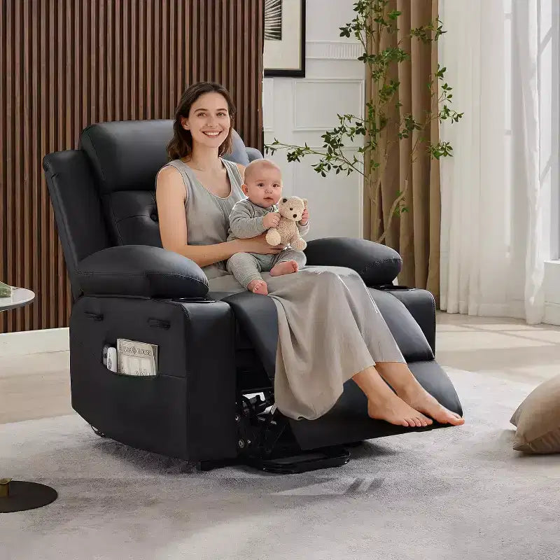 Comfy Corduroy Recliner Chair, Oversized PU Leather Lift Recliner, Adjustable Design, Side Pockets, Two Cup Holders, for Living Room, Bedroom