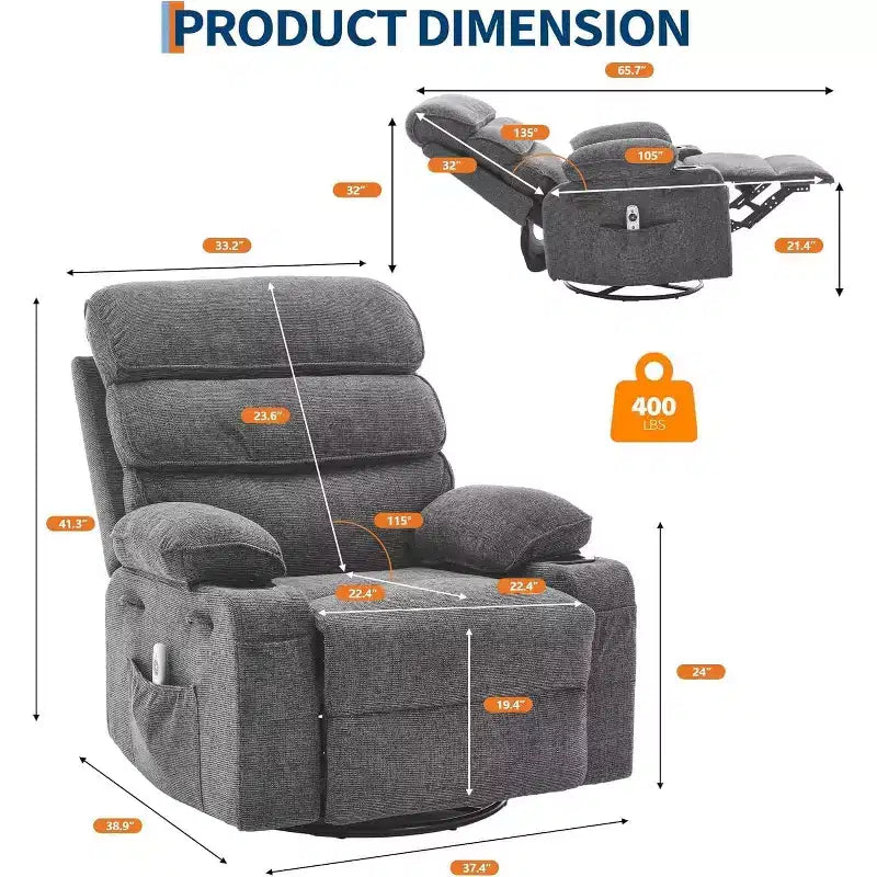 Rocker Recliner, 360 Swivel Linen Glider Chairs, Side Pocket & 2 Cup Holders, for Living Room, Bedroom