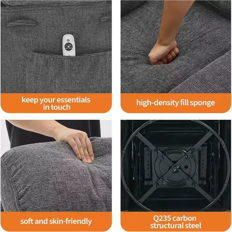 Rocker Recliner, 360 Swivel Linen Glider Chairs, Side Pocket & 2 Cup Holders, for Living Room, Bedroom