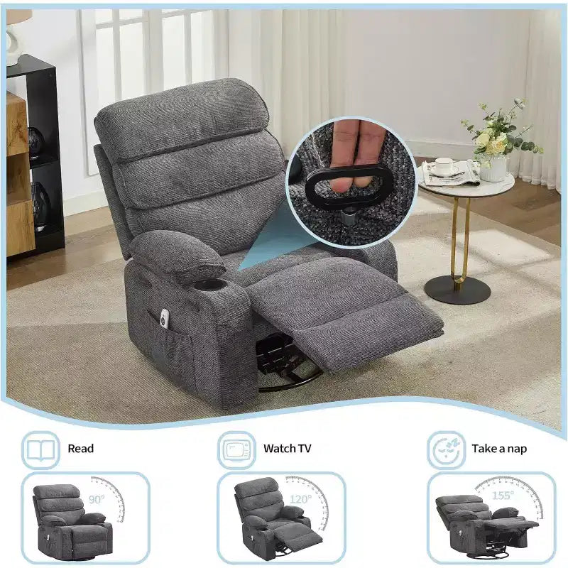 Rocker Recliner, 360 Swivel Linen Glider Chairs, Side Pocket & 2 Cup Holders, for Living Room, Bedroom