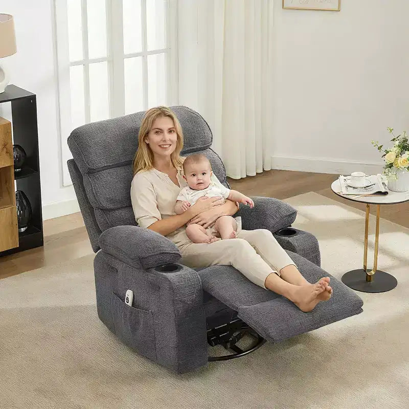 Rocker Recliner, 360 Swivel Linen Glider Chairs, Side Pocket & 2 Cup Holders, for Living Room, Bedroom