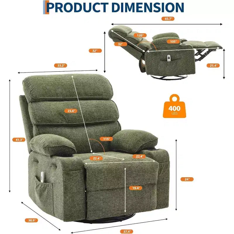 Rocker Recliner, 360 Swivel Linen Glider Chairs, Side Pocket & 2 Cup Holders, for Living Room, Bedroom