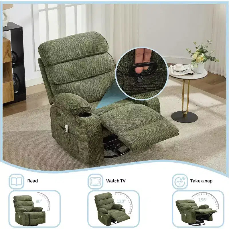Rocker Recliner, 360 Swivel Linen Glider Chairs, Side Pocket & 2 Cup Holders, for Living Room, Bedroom