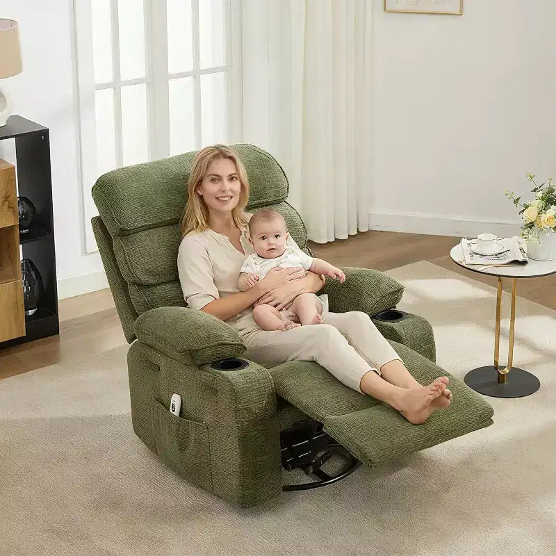 Rocker Recliner, 360 Swivel Linen Glider Chairs, Side Pocket & 2 Cup Holders, for Living Room, Bedroom
